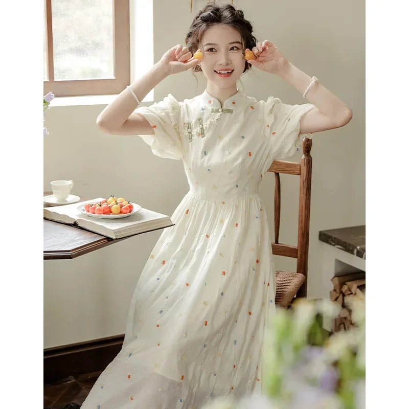 

Improved cheongsam, new Chinese style retro buckle, small stature bubble sleeve dress, women's summer long skirt