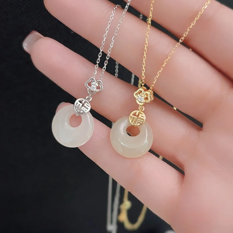 Difengs999Sterling Silver Simple Peace Buckle Hetian Jade Necklace Female Pendant Jade Clavicle Chain New Chinese Style Ornament