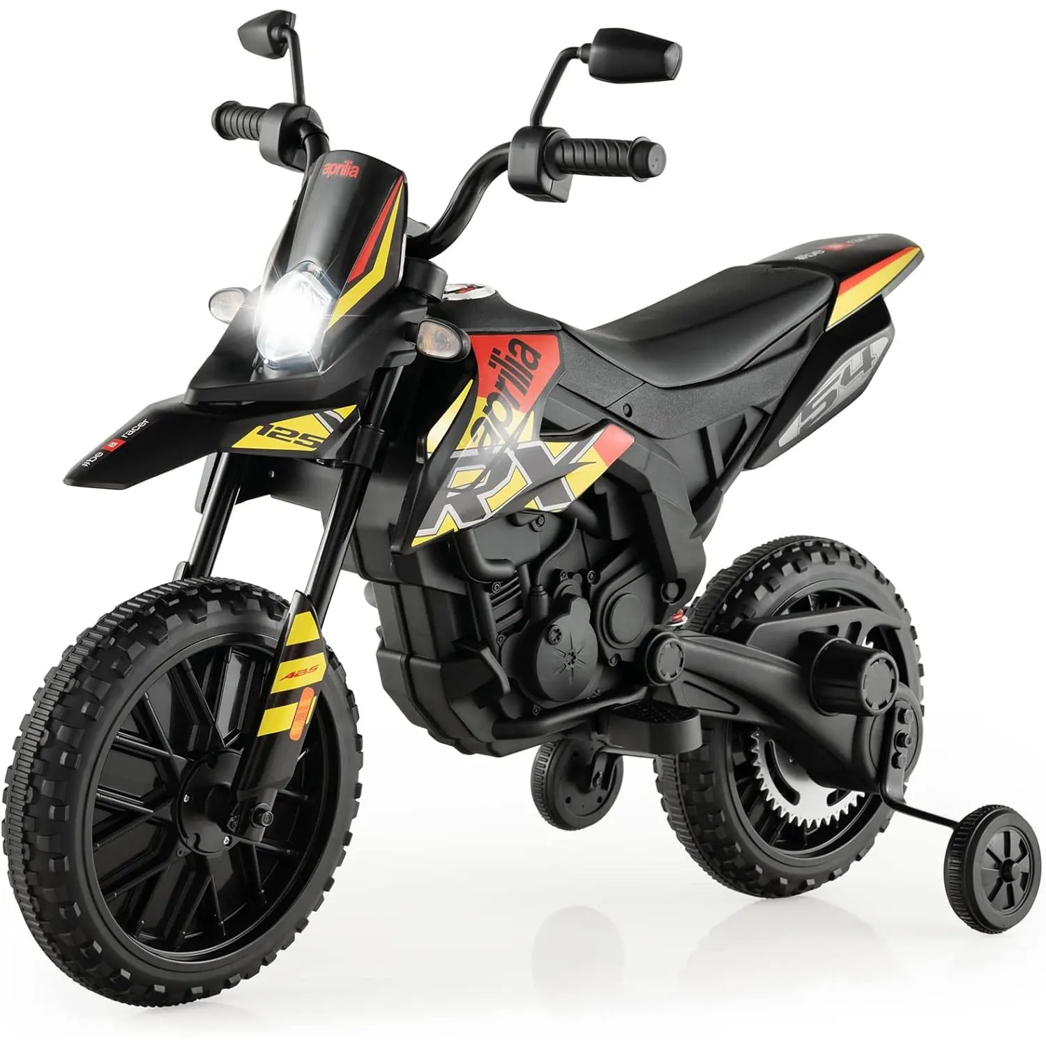 Motocykl elektryczny Aprilia dla dzieci, motocykl dziecięcy 12 V ze stabilizatorami, muzyką i reflektorami, 5,5-6 km/h, czarny