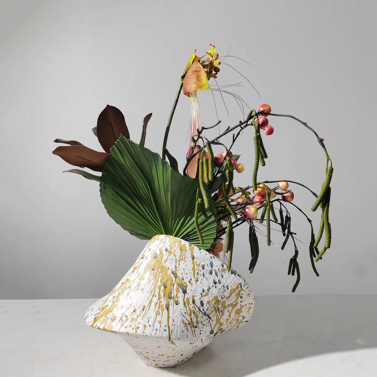 Medieval style painted resin vase flower arrangement soft furnishings B&B, hotel restaurant front desk entrance dining table fak
