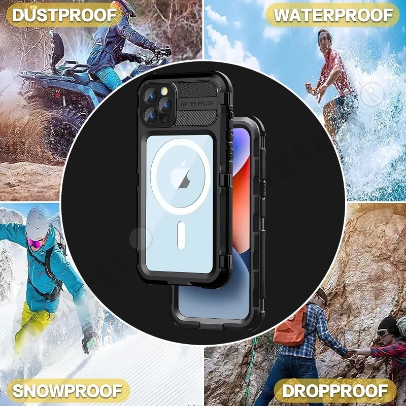 Luxury Metal Waterproof For iPhone 15 Pro Max Plus With Built-in Screen Protector Rugged Full Body Military Dropproof Cover