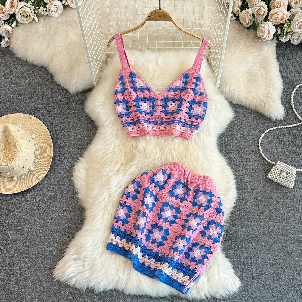 2023 New Summer Beach Vacation Women Skirt Suits Fashion Mixed Color Knitted Lace Sexy Camisole And Mini Skirt Two Piece Set