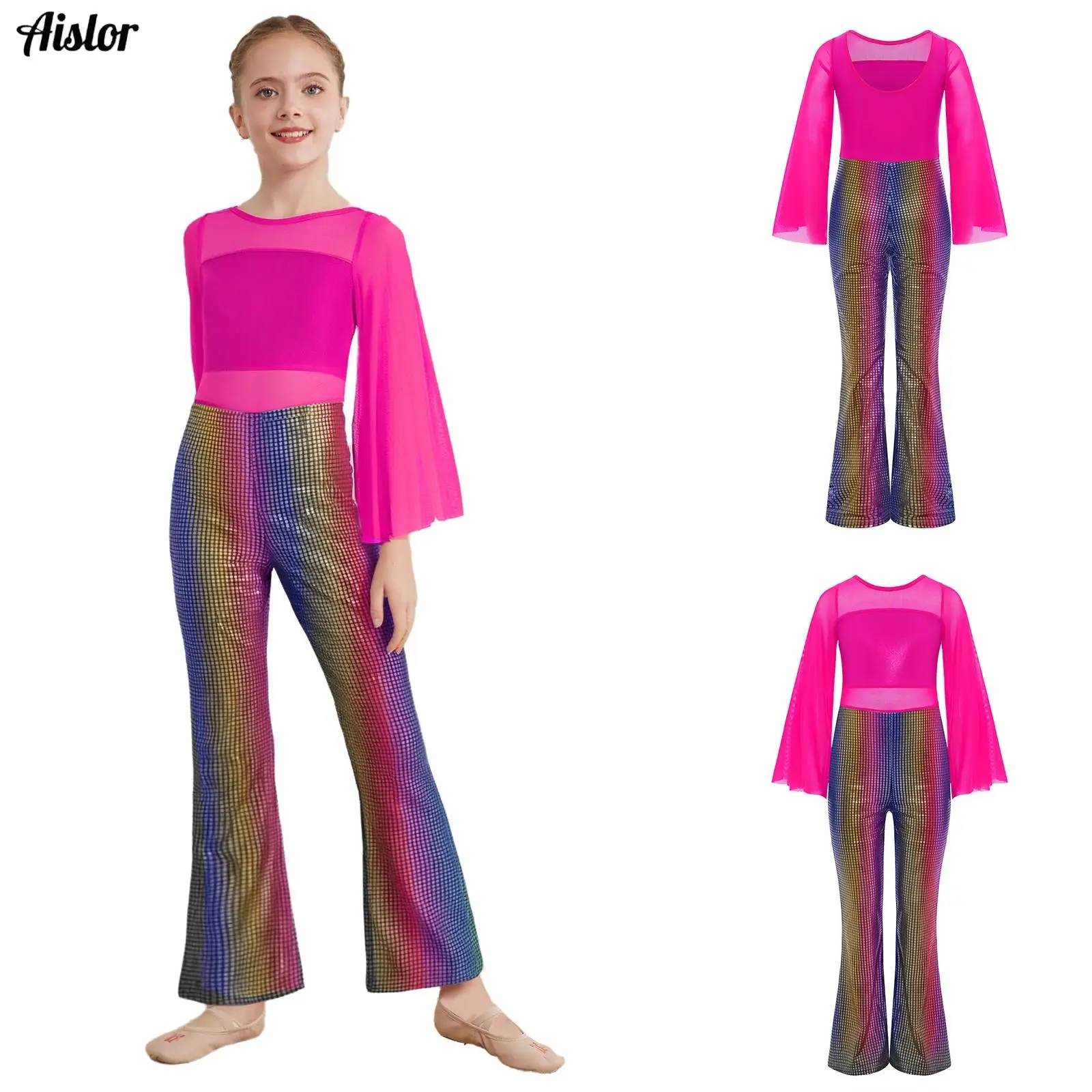 

Kids Girls Jazz Latin Disco Dance Jumpsuit Long Flared Sleeves Sheer Mesh Patchwork Metallic Plaid Bell-Bottom Rompers Dancewear