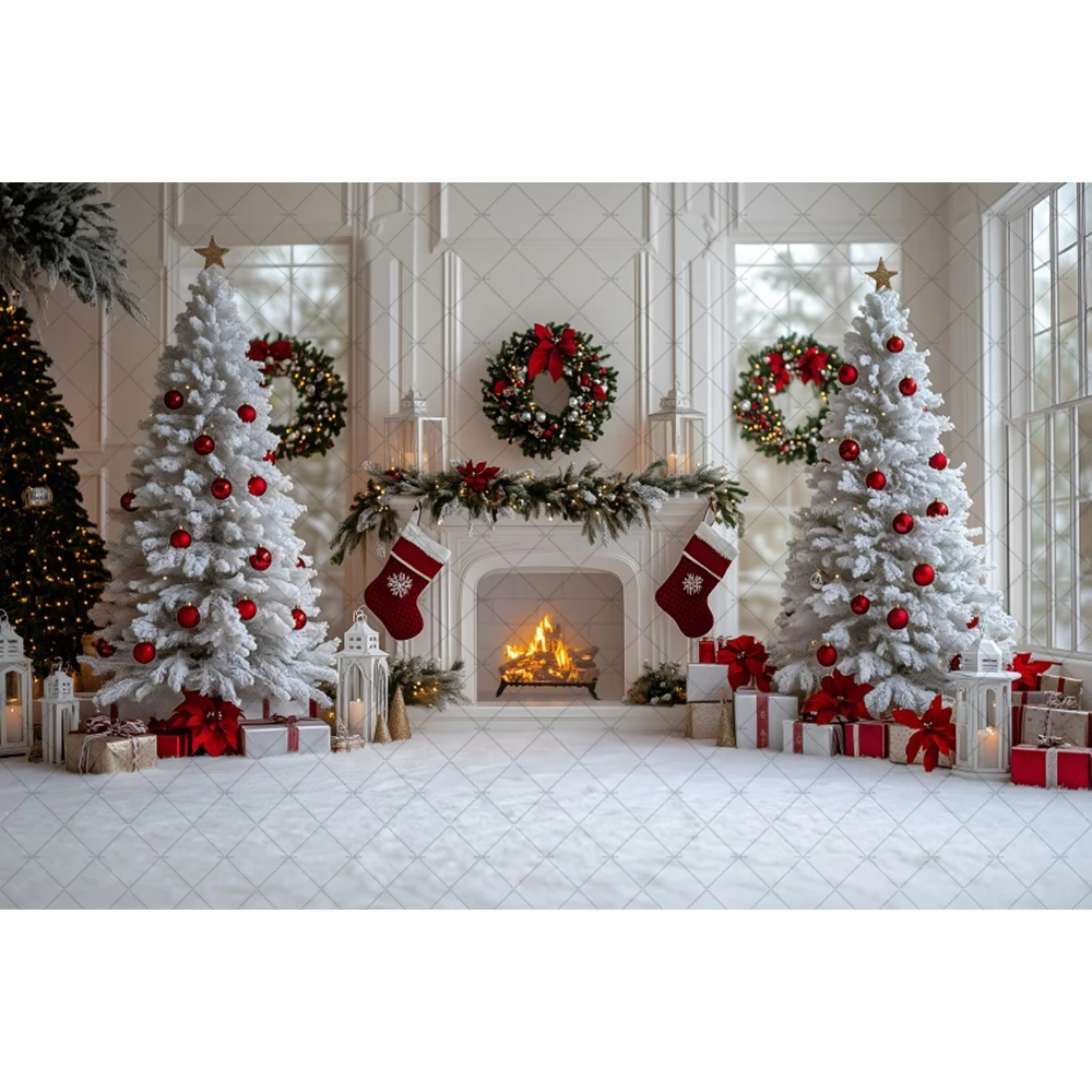 White Wall Christmas Party Backdrop Photography Xmas Tree Gift Fireplace Background Baby Portrait Photographic Prop Photo Studio