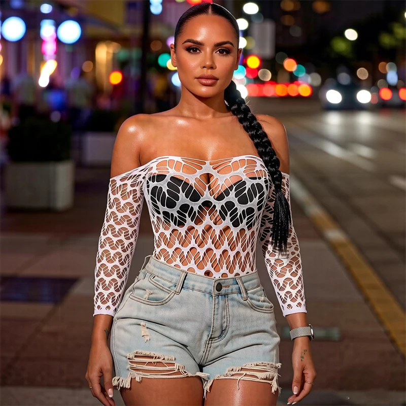Women Summer Bodycon Top Long Sleeves Beach Cover Up Hollow Out Beachwear Without Underwear Sheer Mesh Fishnet Music festival image 3