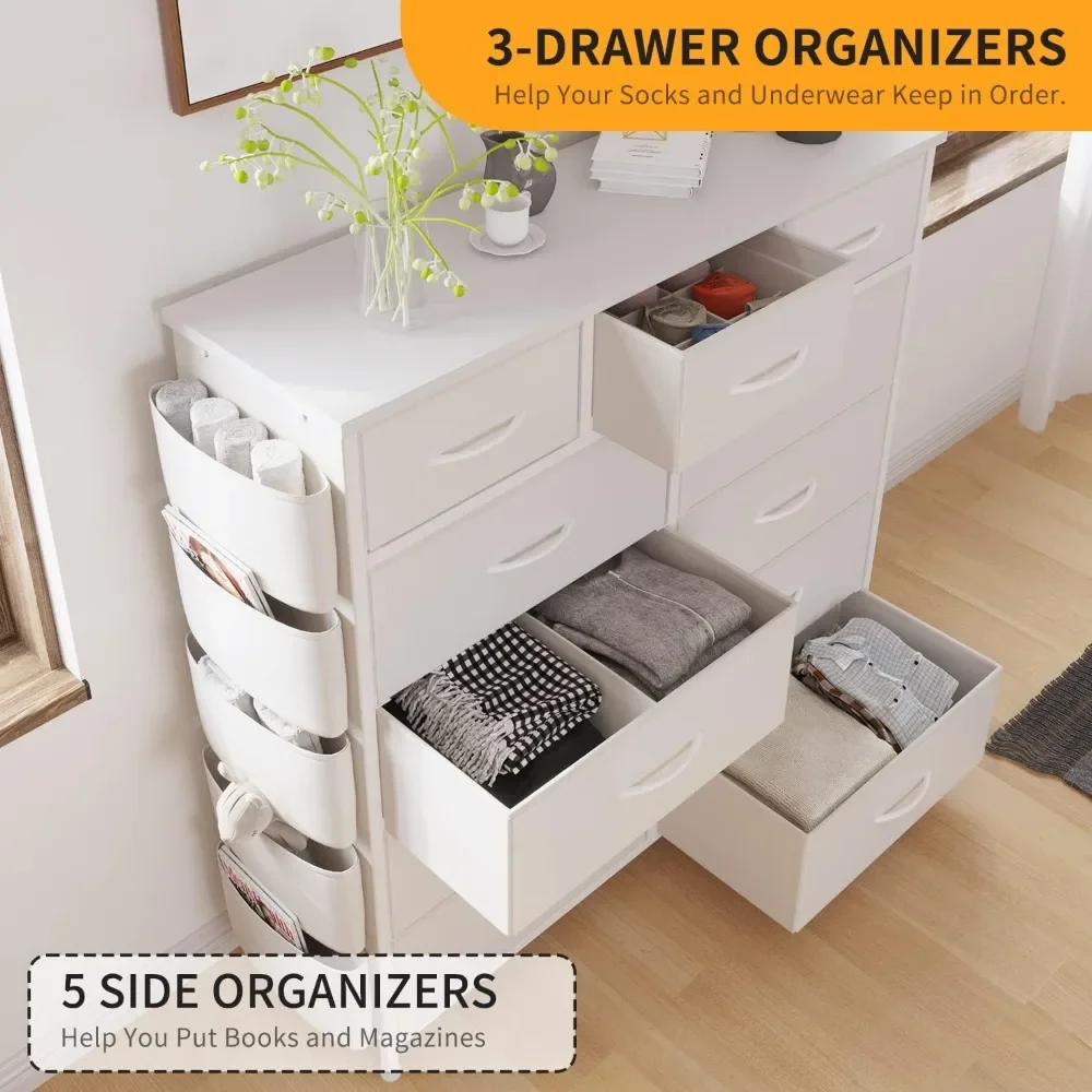 Dresser with 11 Drawers, Dresser and Chest of Drawers with Side Pockets, Hooks, Fabric Storage Drawers