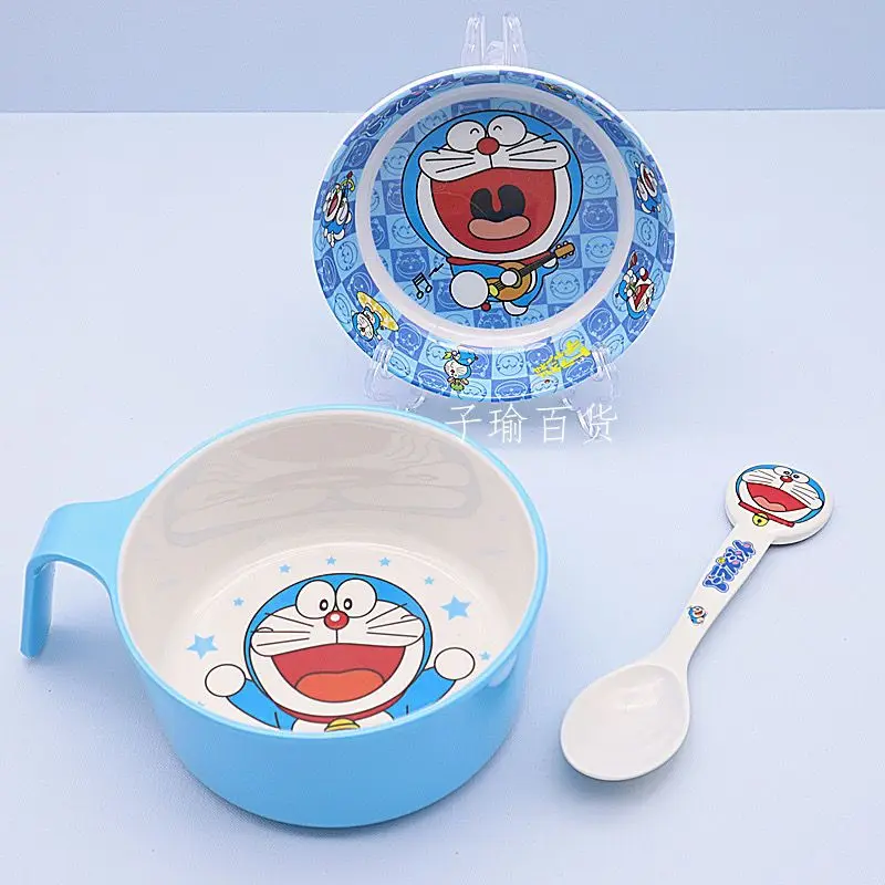 New Children\'s Doraemon cartoon kawaii bowl tableware set cute with handle household food grade eating bowl spoon gift wholesale