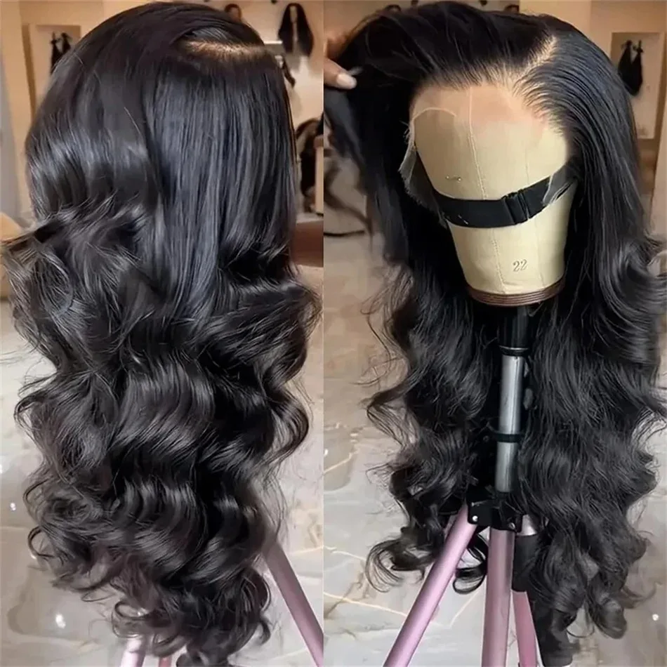Black Wig Long Body Wave Lace Front Wigs Middle Part 13x4 Hd Heat Resistant Glueless Synthetic Ready to Wear with Tiny Knots