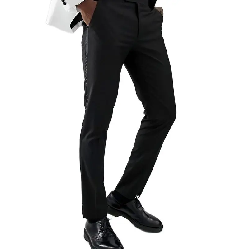 Men Pants Black With Side Satin Stripe One Piece Slim Fit Formal Male Fashion Clothes Fit Wedding Evening Office Tuxedos