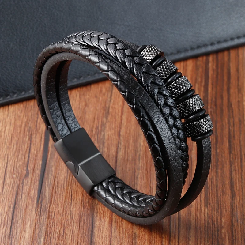 Retro Style Double Stitching Combination Small Accessories Stainless Steel Men's Leather Bracelet Promotional Price For Gift