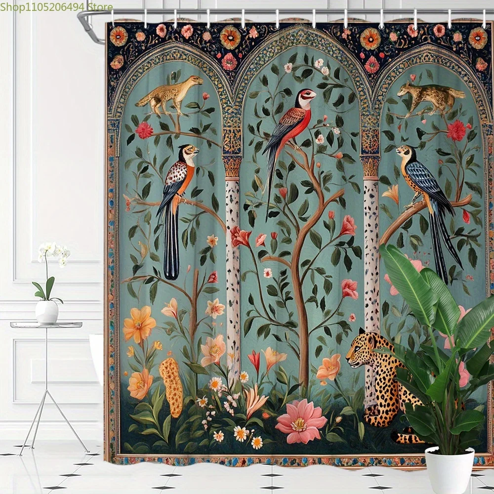 

1pc Persian Miniature-Inspired Shower Curtain - Vibrant Birds, Leopard & Floral Design in Red, Blue, Yellow, Pink on Teal - Du