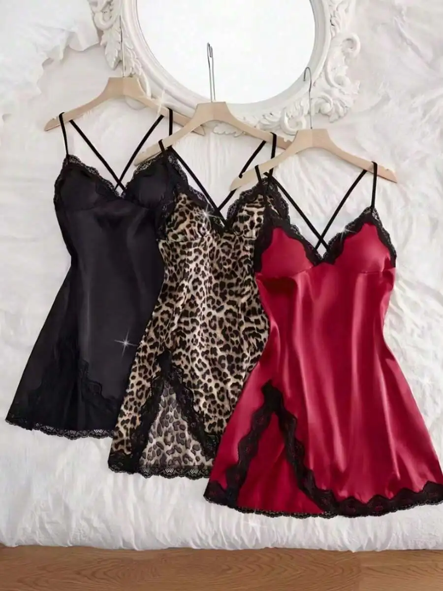 Elegant Women Nightdress Pajama Set 3pcs Lace Trim Sleepwear V Neck Backless Slip Nightgown - Image 2
