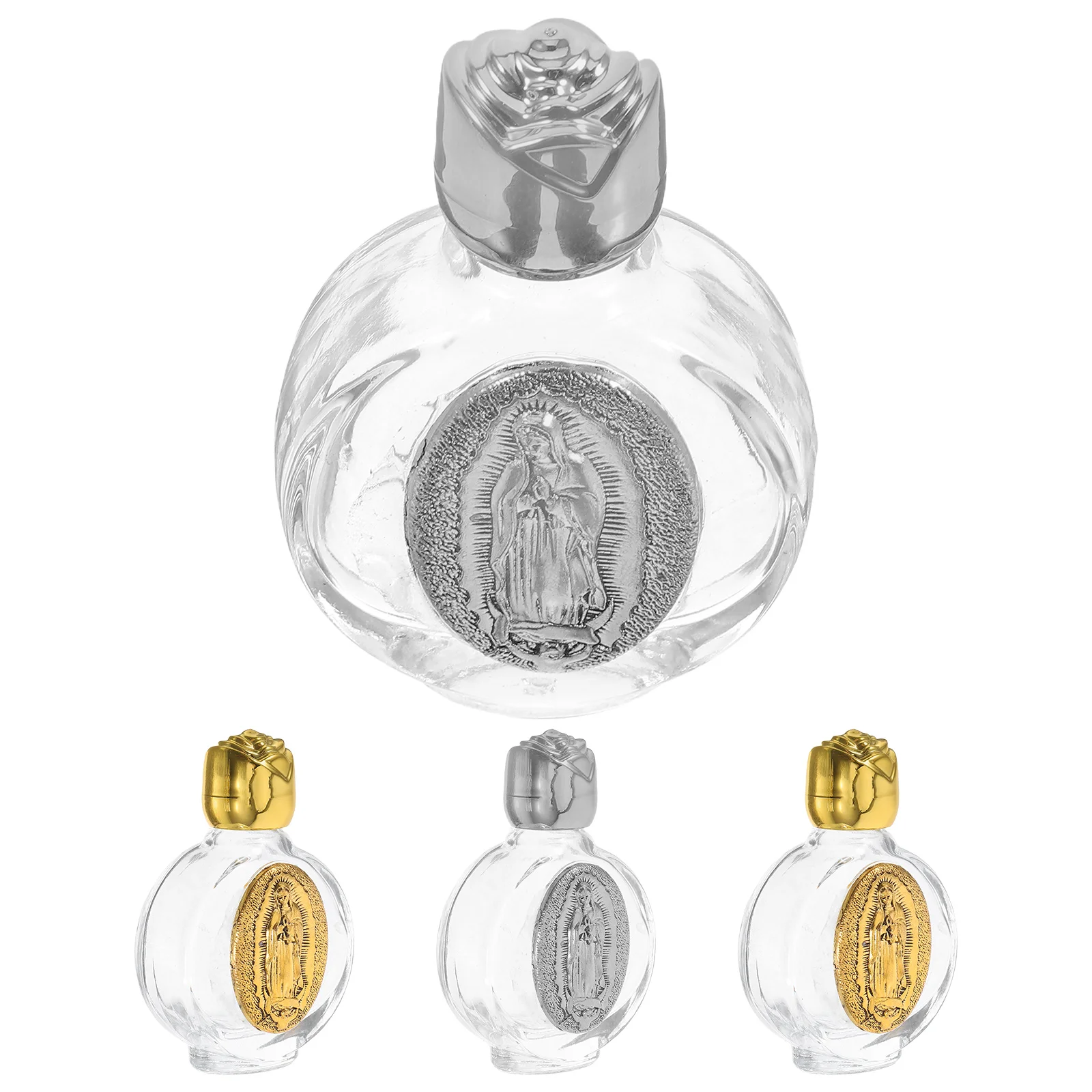 

4pcs Glass Holy Water Bottle Embossed Catholic Rosary Travel Portable Essential Oil Dispenser Elegant Crystal Flask Blessings