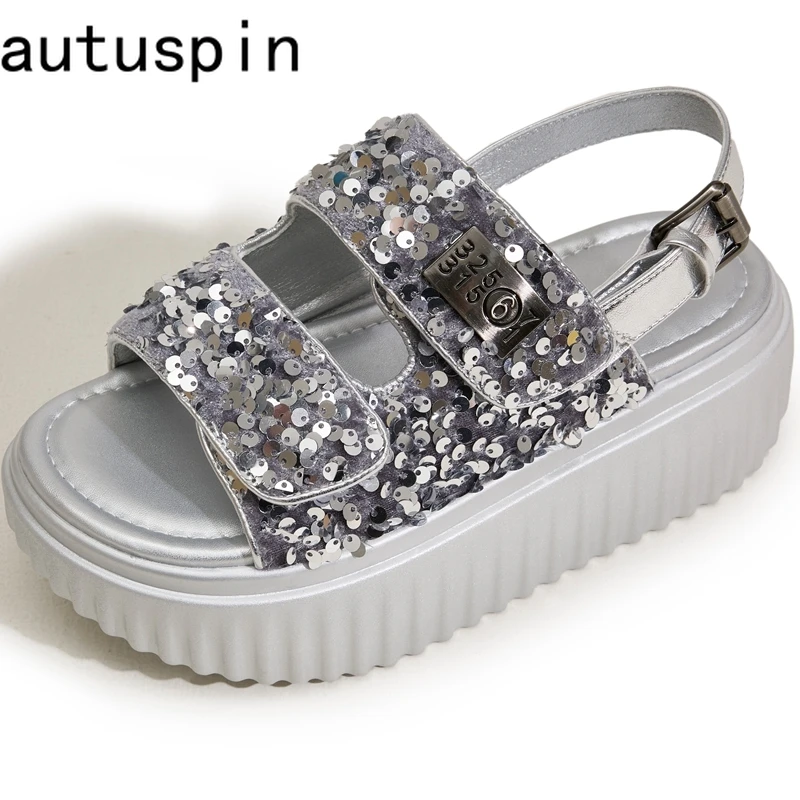

AUTUSPIN 6cm Women Flat Sandals Fashion Platform Ladies Shoes Bling Bling Sequined Cloth Female High Heels Chunky Rome Sandalias