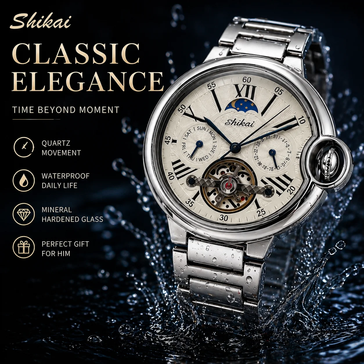 Reloj de Cuarzo de Lujo para Hombre, Reloj de Pulsera de Acero Inoxidable para Negocios, Esfera Esqueleto, Reloj de Vestir a la Moda, Resistente al Agua para Hombre