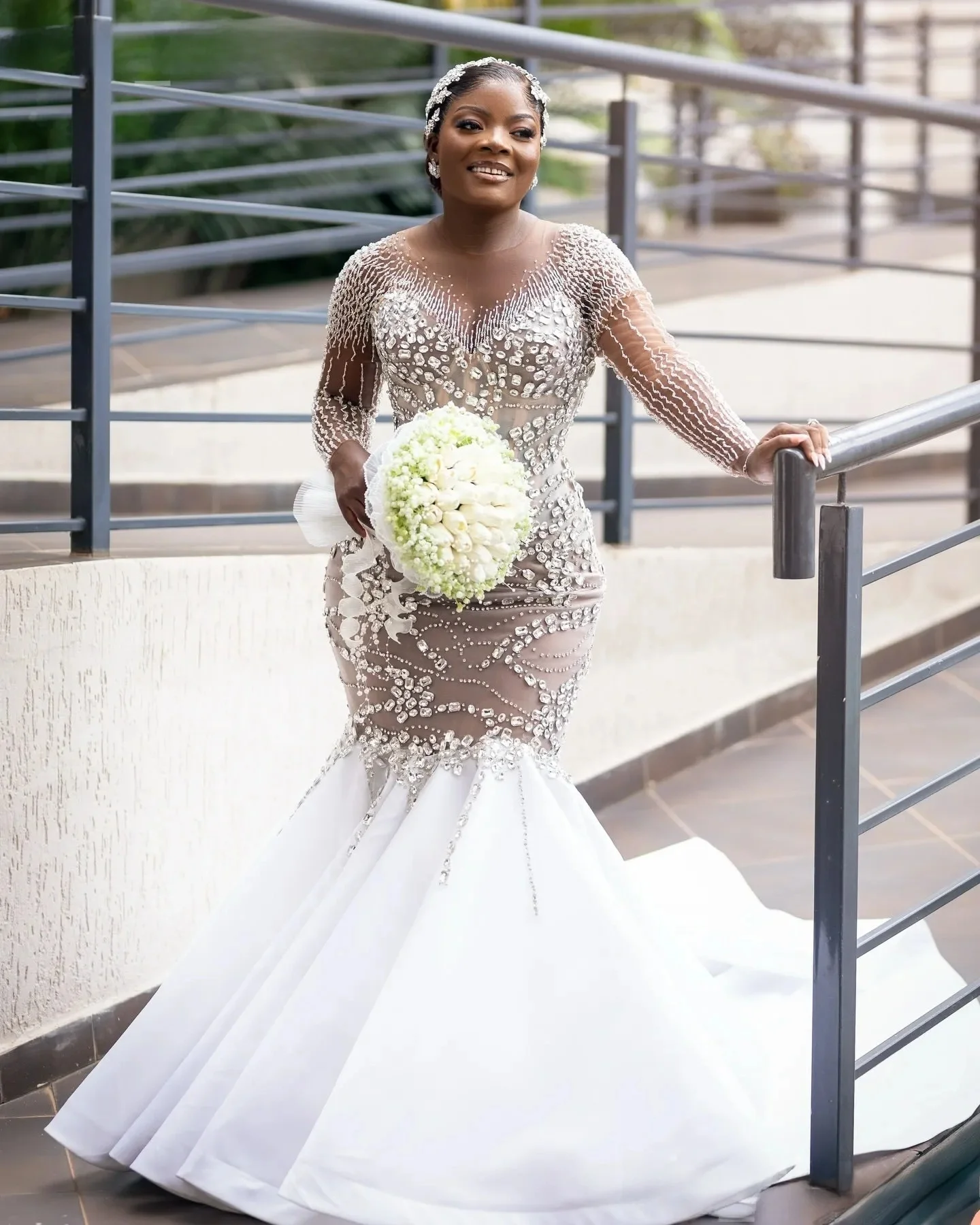 Customized Sheer Neck Heavy Sparkly Crystals Beads Wedding Dress Vestido De Noiva  Long Sleeves Plus Size Mermaid  Bridal Gowns
