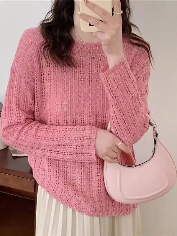 Women's round Neck Knitted Sweater Hollow out Thin Long Sleeve Pure Color Spring Autumn New Style Loose Outerwear Top
