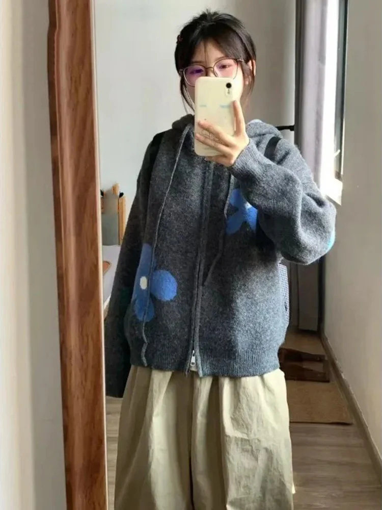 

Knitted Cardigan Women Flowers Hooded Autumn Winter Loose Zipper Outwear Vintage Elegant Sweater Female Casual Fashion