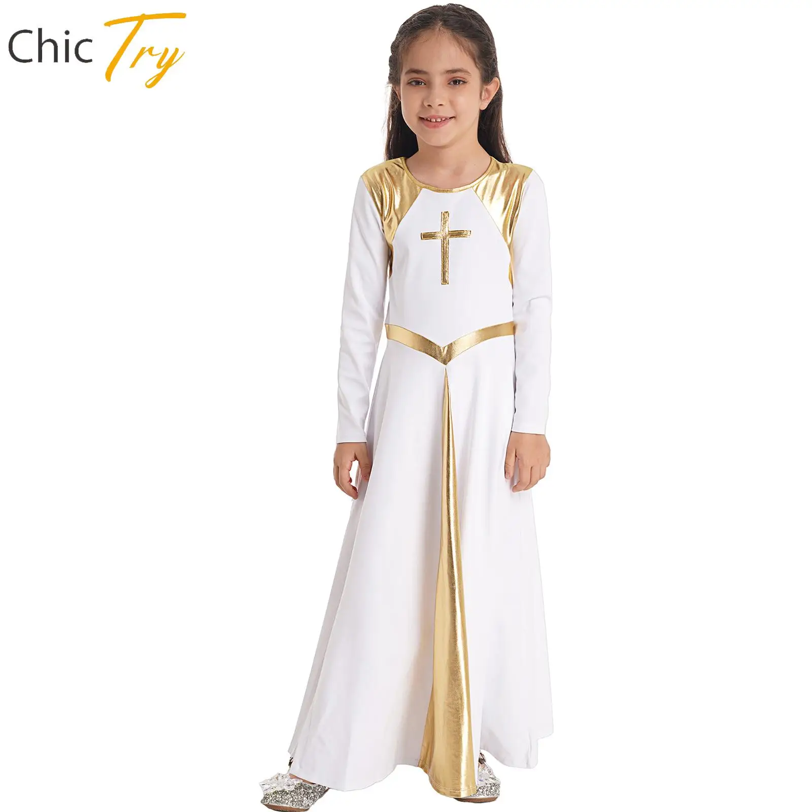 

Kids Girls Metallic Shiny Contrast Color Dance Dress Long Sleeve Church Party Dresses Halloween Dress Up Performance Costume