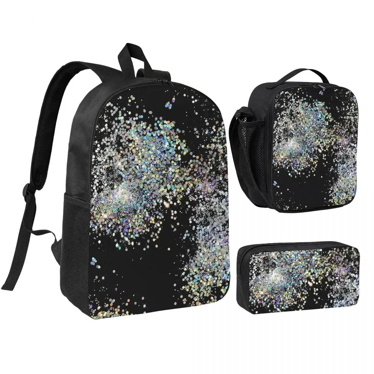 Mochila de imitación con lentejuelas negras y multicolores, mochila escolar para estudiantes, bolso para llevar libros, bolso para ordenador, bolso de hombro, juego de 3 piezas que incluye una bolsa térmica para el almuerzo y un estuche para lápices.