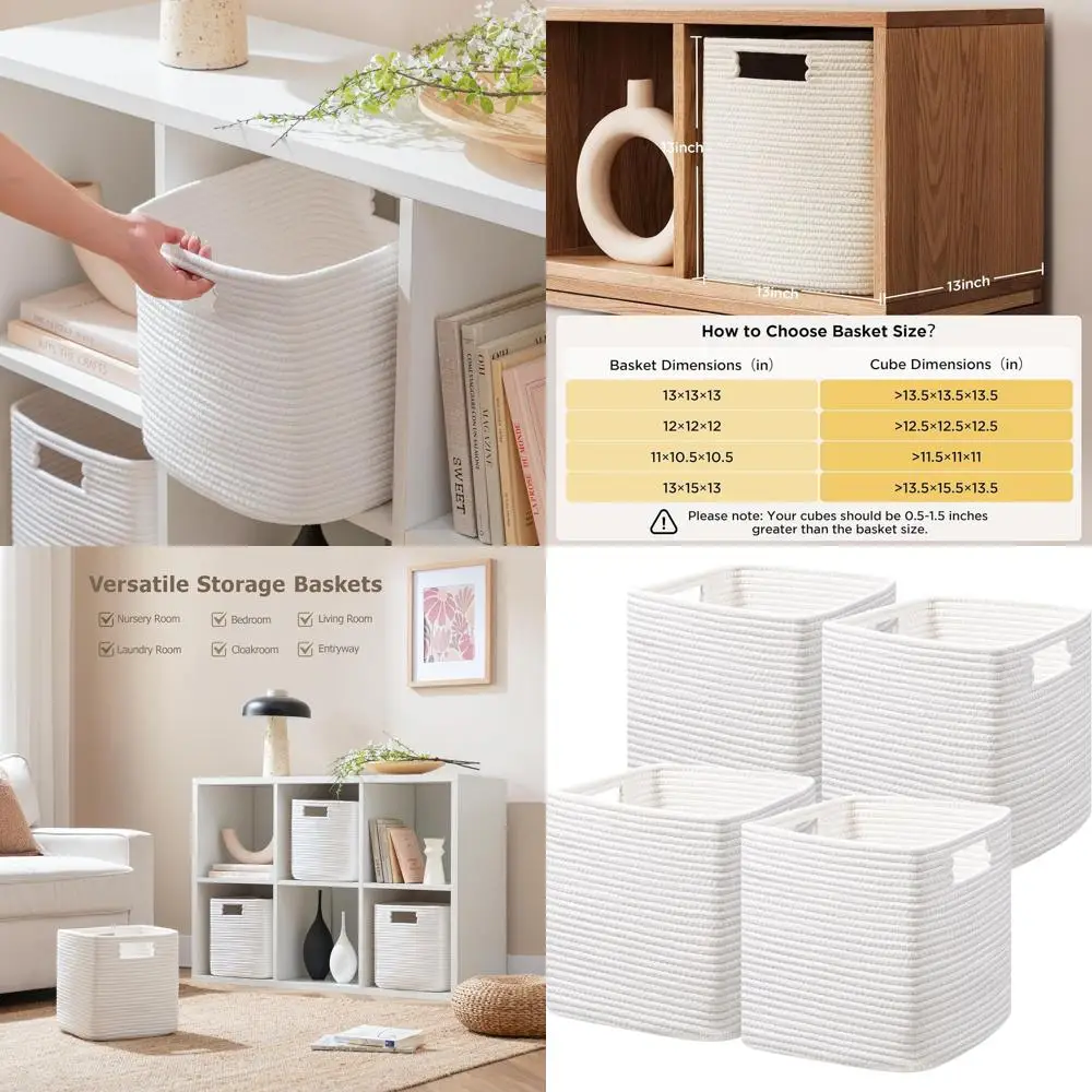 

Набор корзин из 4 предметов из хлопчатобумажной веревки, 13 органайзеров для кубов с ручками, белое хранилище для книг и журналов