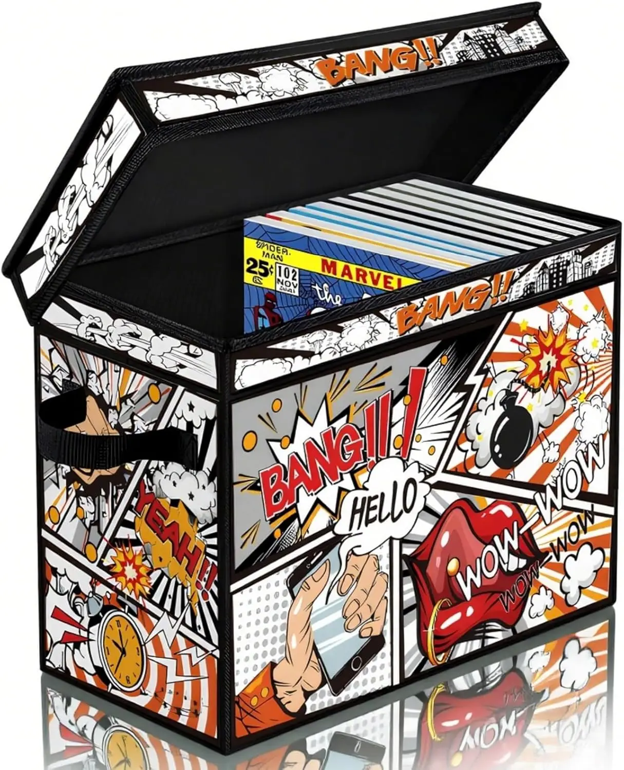 

Large Comic Book Storage Box, 15.3x7.8x11.8 Inches, Collapsible Oxford Fabric Bin with Lid and Handles, for Books Magazines