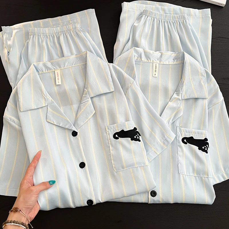Ice Sillk High Quality 2 Piece Pajamas Set Blue Striped Black Cat Women's Pajamas Set Students Cute Pajamas Sleepwear Homewear