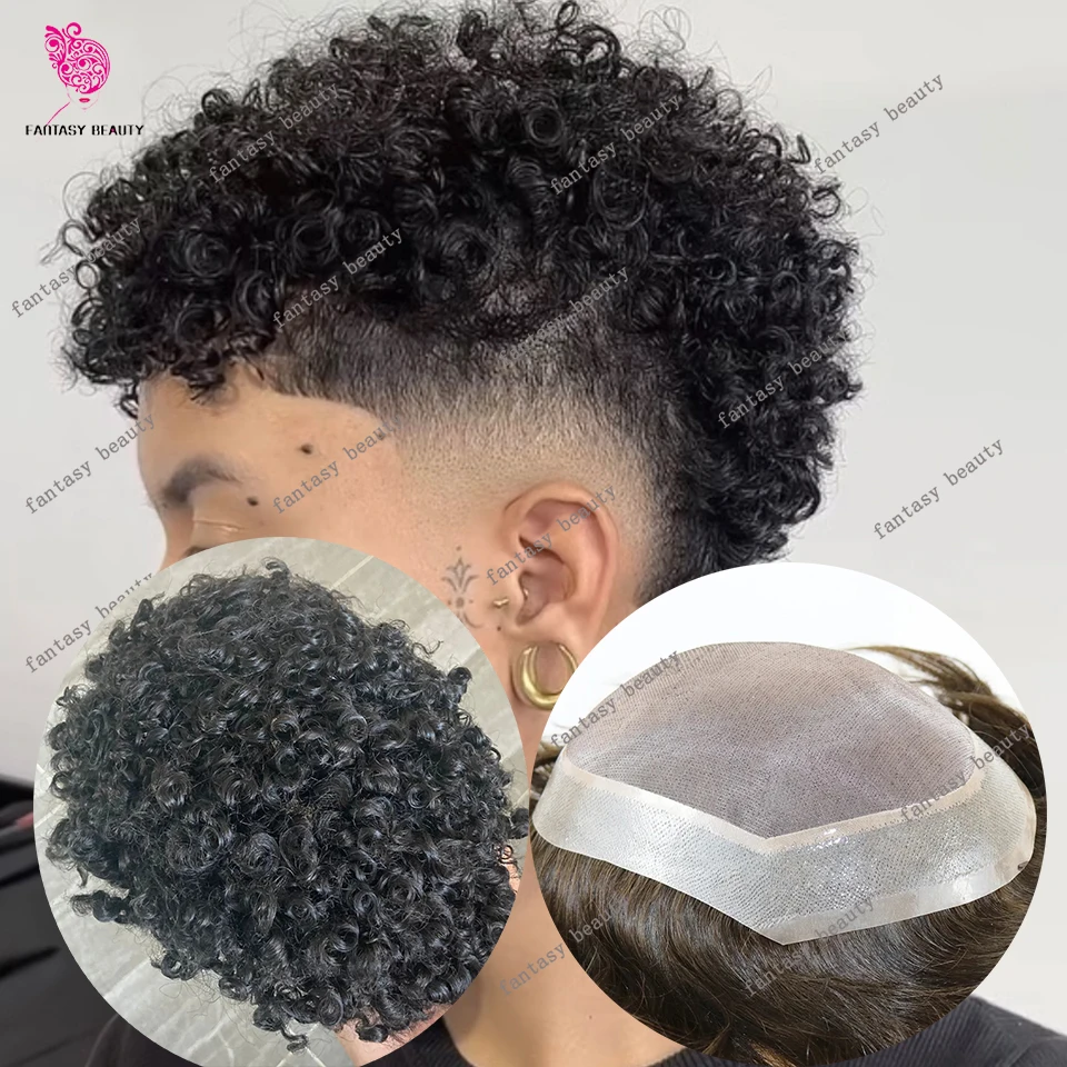 

Natural Frontline Afro 15mm/18mm Curly Men Toupee Undetectable PU System European Super Durable Fine Mono Prosthesis Human Hair