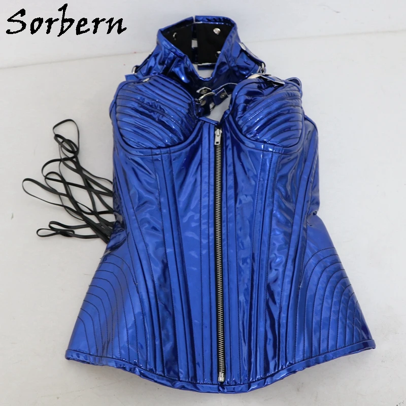 Sorbern-corsé de busto completo metálico personalizado para mujer, corsé de hueso de acero con remaches de cuello, orificios de ojales, cordones en