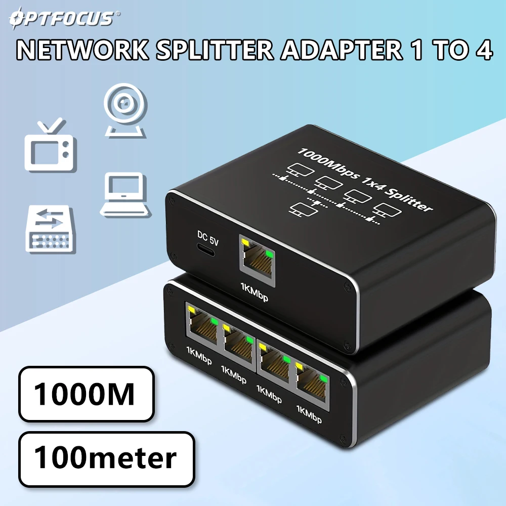 

OPTFOCUS 1 to 4 Splitter RJ45 Gigabit Ethernet Network Adapter 1000Mbps for TV Box Router Camera Multi-Device Connectivity