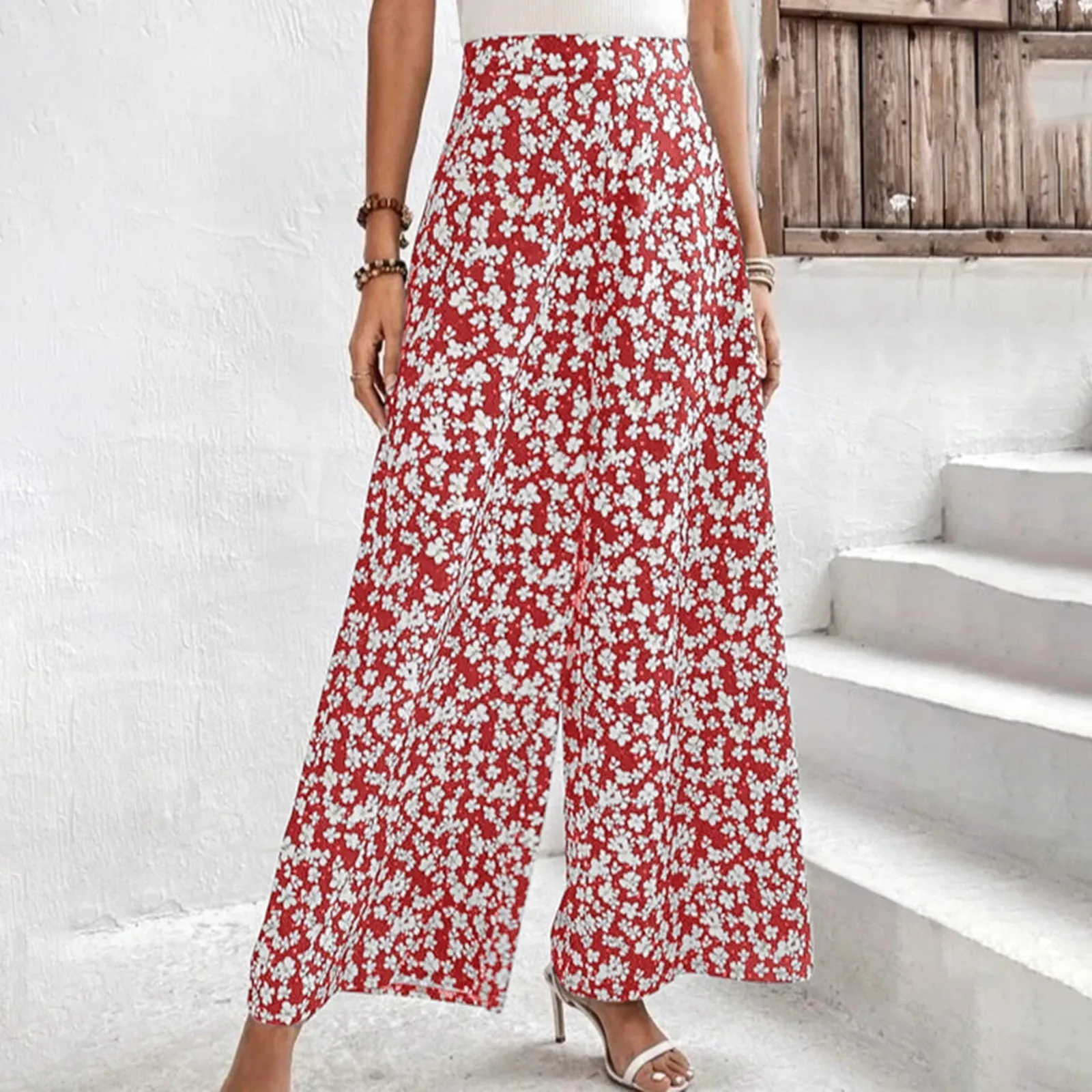 Calça curta feminina de perna larga, calça casual solta, de cintura alta, básica diária, calça fluida confortável que combina com tudo, moda floral pequena, verão