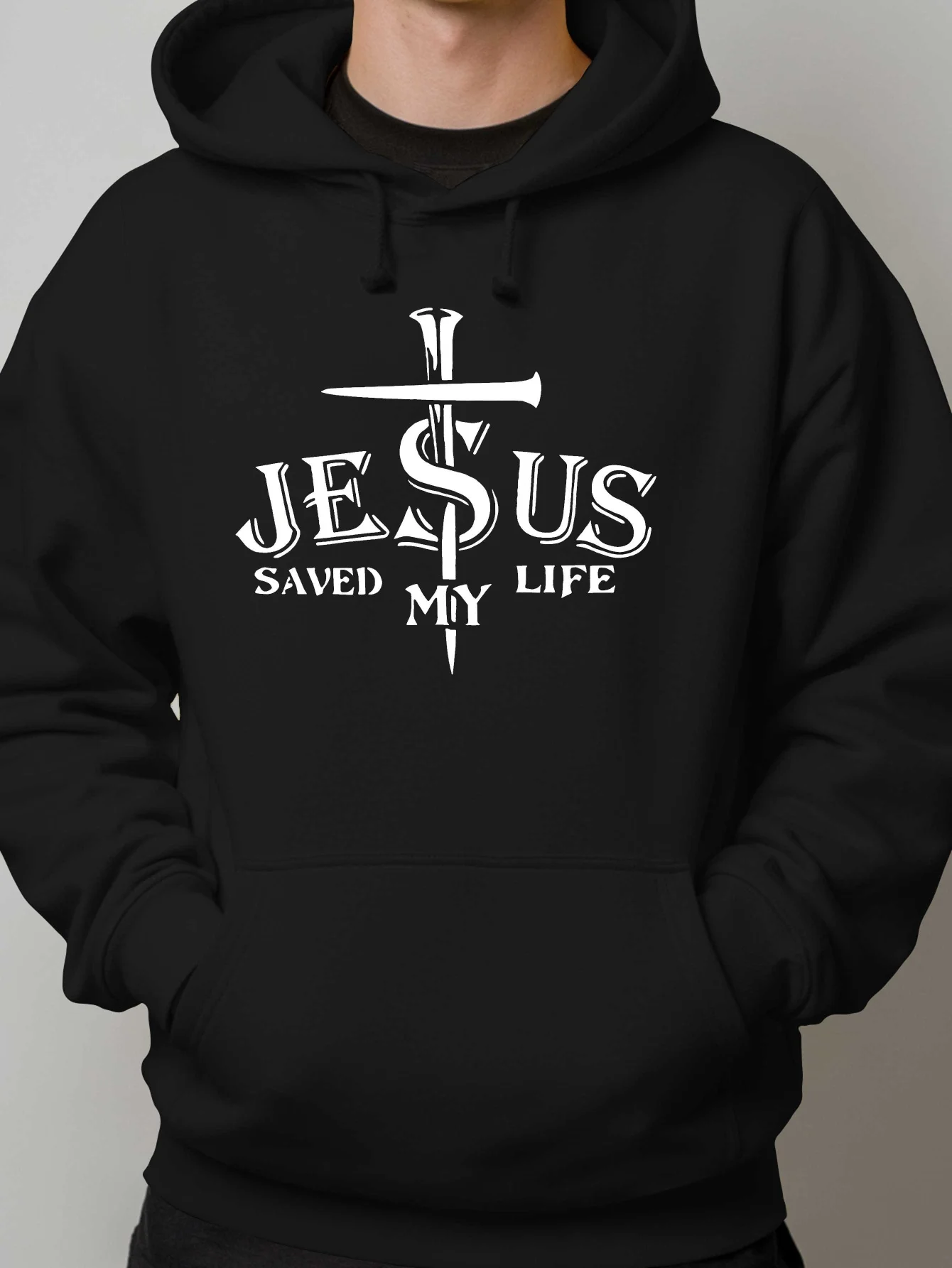 

Мужская толстовка с капюшоном «Иисус спасти мою жизнь» — тема веры, свободная толстовка, белые буквы и принт красного креста