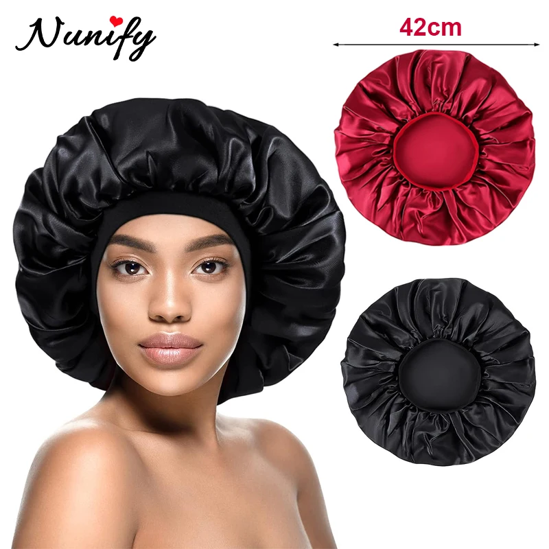 

42cm Silk Bonnet For Sleeping Large Satin Hair Bonnets Soft Elastic Band Silk Sleep Cap Black Gold Silk Hair Wrap For Curly Hair