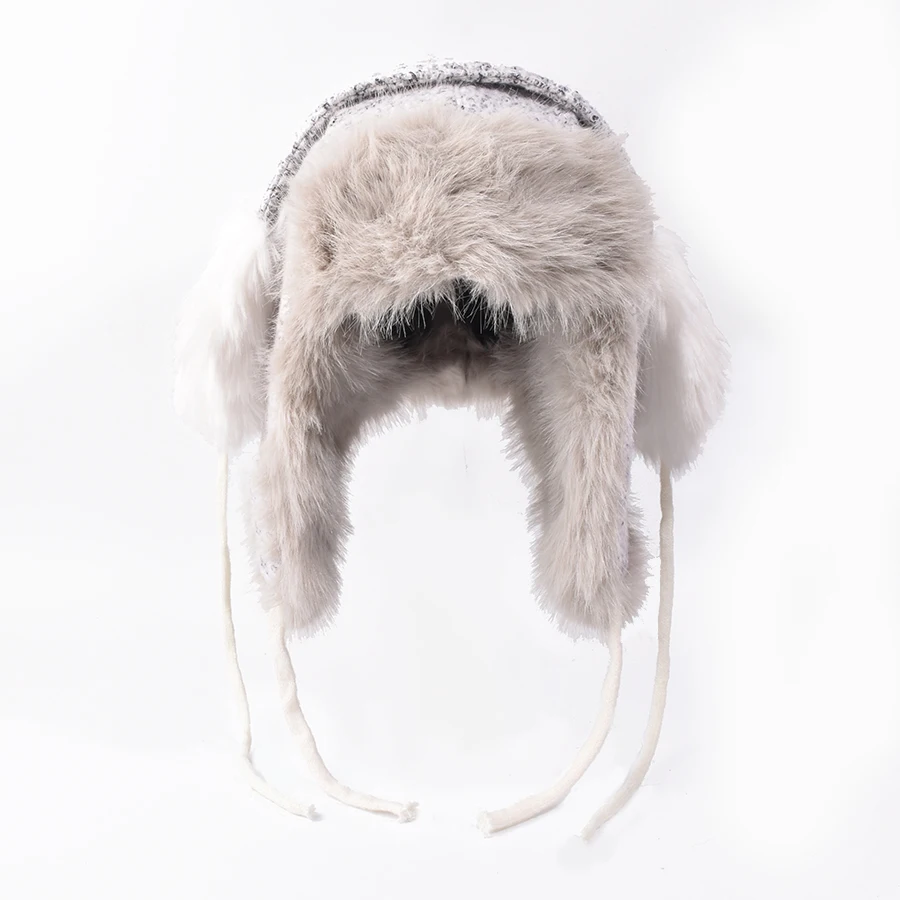 2025 neue Pelzmütze Männer Russische Uschanka Bomber Hüte Weiß Warme ohrenschützer Pilot Hut Winter Warme Echt Kaninchen Fell Earflap Männer schnee Kappen