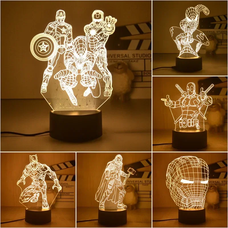 3D Anime Figure Lights LED Lamp Ironman Spiderman Disney Action Figures Children Bedroom Lamp LED Toys Model Decor Gift for Kids