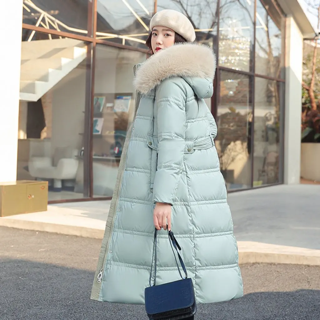 

Women's Winter Cotton-Padded Jacket Extra-Long Over-The-Knee Style with Large Fur Collar Slim-Fit Belted Hooded Coat