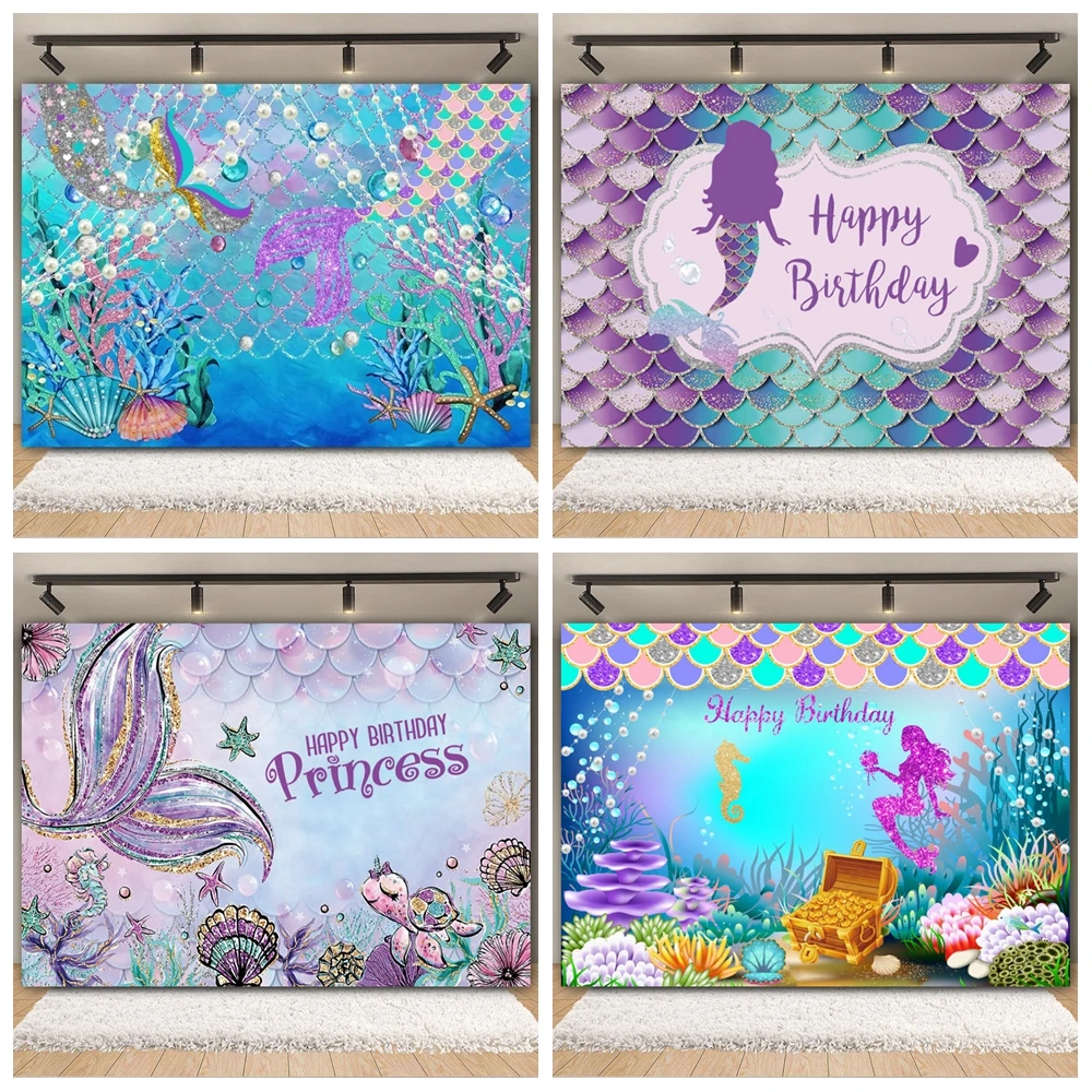 

Mermaid-Themed Girl's Birthday Background Cloth Birthday Decorations Banner Photography Studio Background Portrait Decora Props