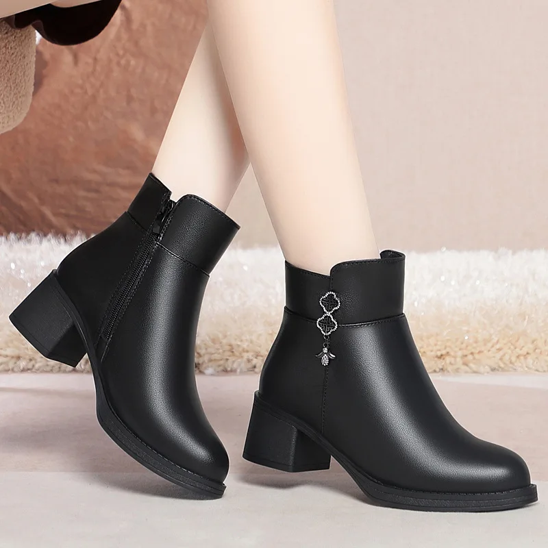 

Кожаные шерстяные ботинки на высоком каблуке для женщин, зимние, с противоскользящей подошвой, утепленные, удобные, на резиновой подошве, для мам