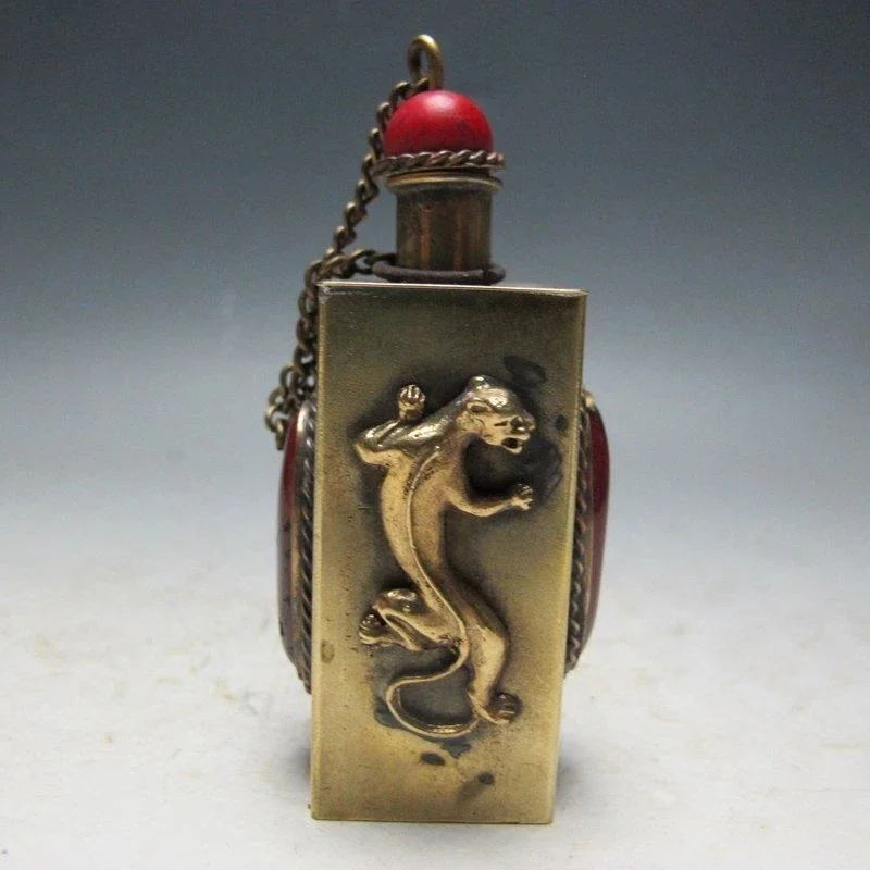 Chinese Handwork Titel Silver Inlay Gemstone Snuff Bottles