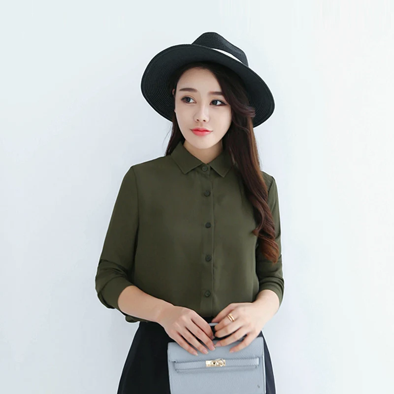

2025 Autumn Women's Solid Color Lapel Long Sleeve Chiffon Shirts Simple Casual Loose Woman Blouse and Tops Office Lady Clothes