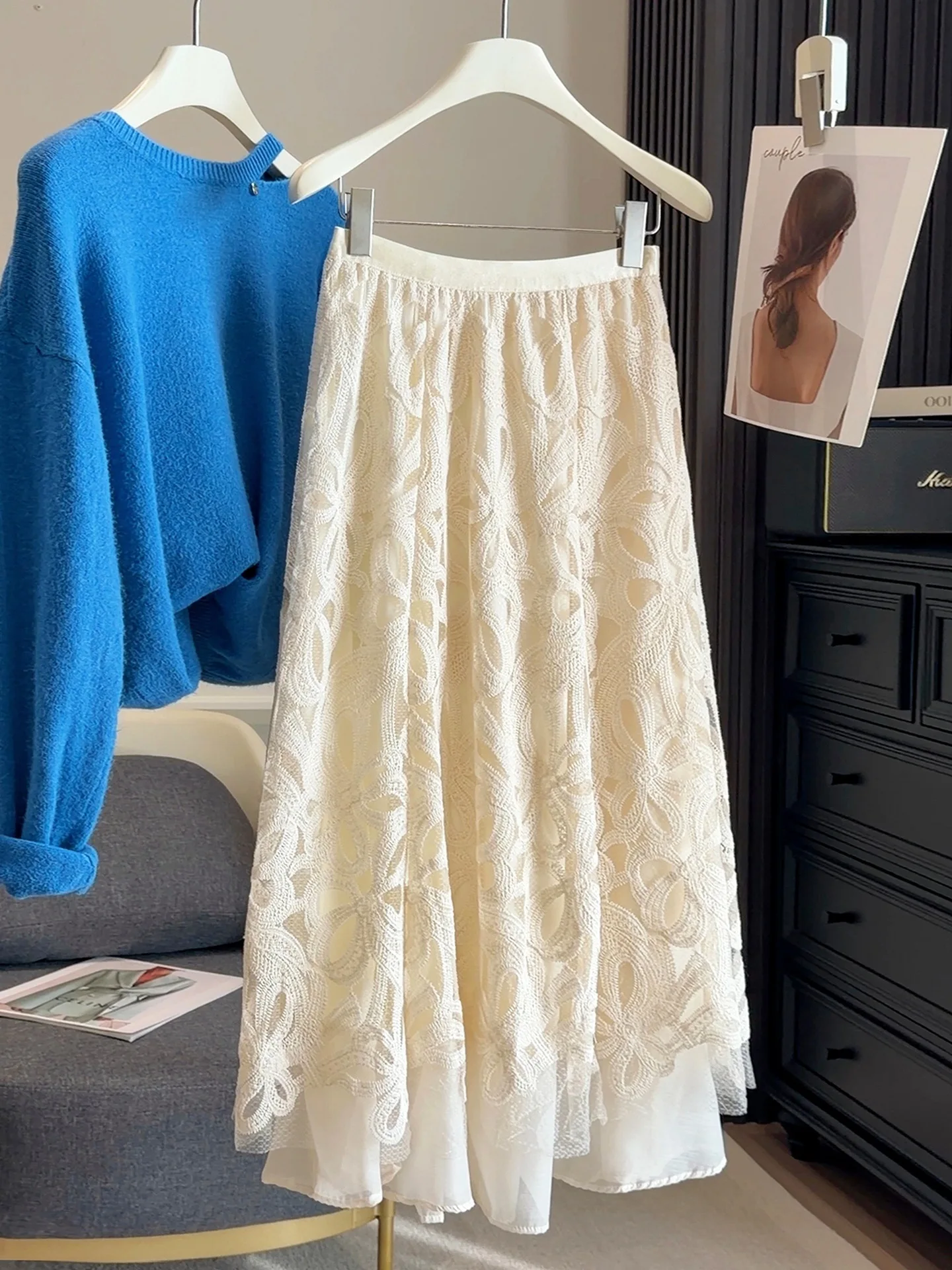 

Элегантная синяя кружевная юбка с высокой талией и цветочной вышивкой для женщин, новая весенне-осенняя повседневная юбка-миди трапециевидной формы, бежевая, черная, кофейная