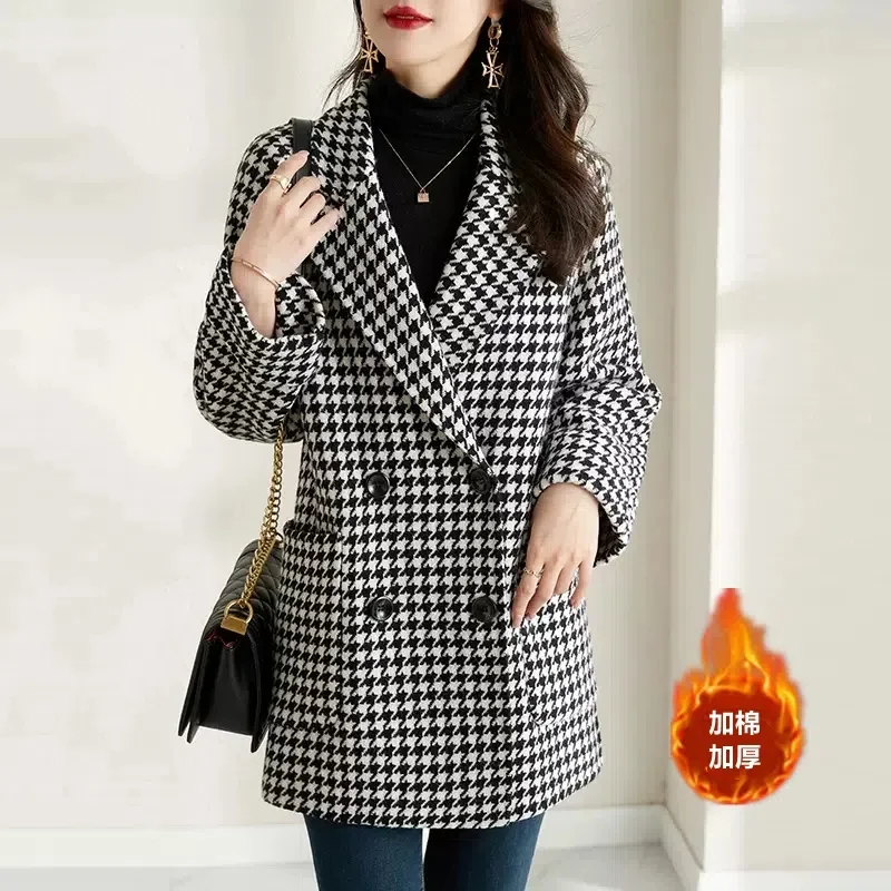 Suit Collar Houndstooth Woolen Coat Women 2023 Autumn and Winter New Fashion High-end Woolen Mid-Length Jacket Women Clothing