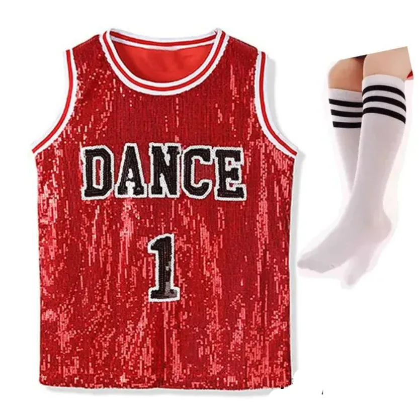 Girls Hip Hop Sequins Dance Costume Glitter Tank Top with Socks Children Kids Stage Performance Mordern Jazz Outfits 5-12 Years