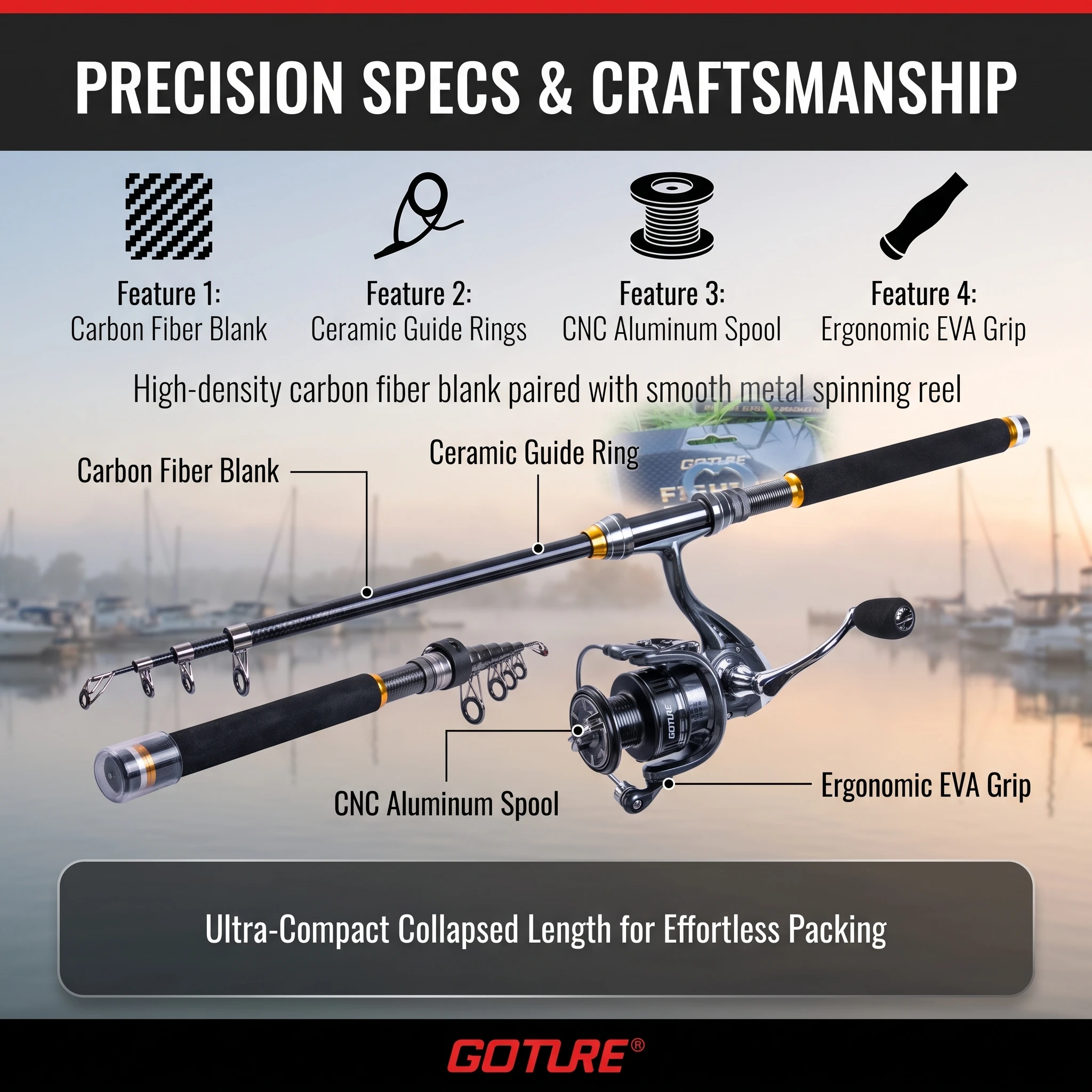 Goture Portable 2 Set Telescopic Fishing Rod Spinning Reel Complete Kit, Carbon Pole with Lures Line Storage Bag Tackle Tools