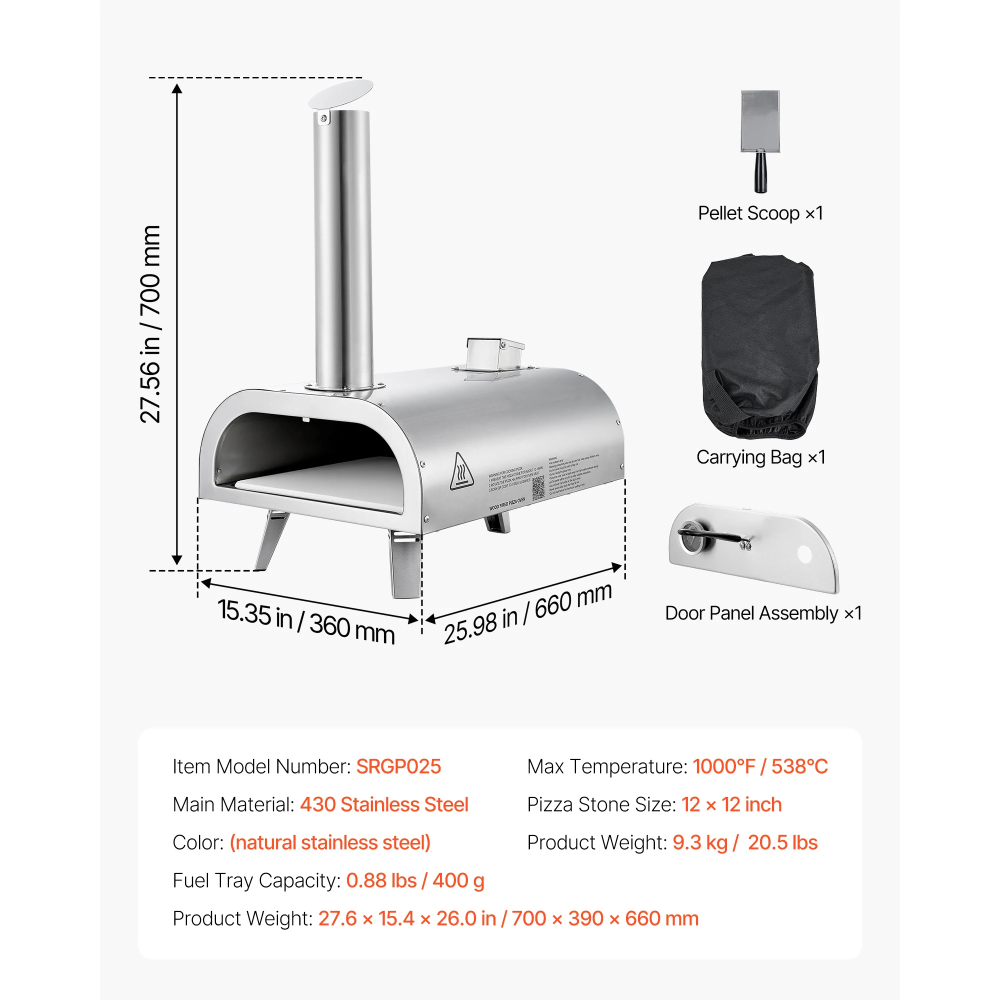 SucceBuy 12 inch pizzaoven, buitenpizzaoven op pellets, draagbare pizzaoven met ingebouwde thermometer voor achtertuin, kamperen, pizza-stenen oven