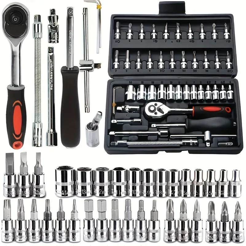 46Pcs Car DIY Repair Tool Kit 1/4-Inch Socket Sets Car Repair Tool Ratchet Torque Wrench Combo Auto Repairing Sets Mechanic Tool