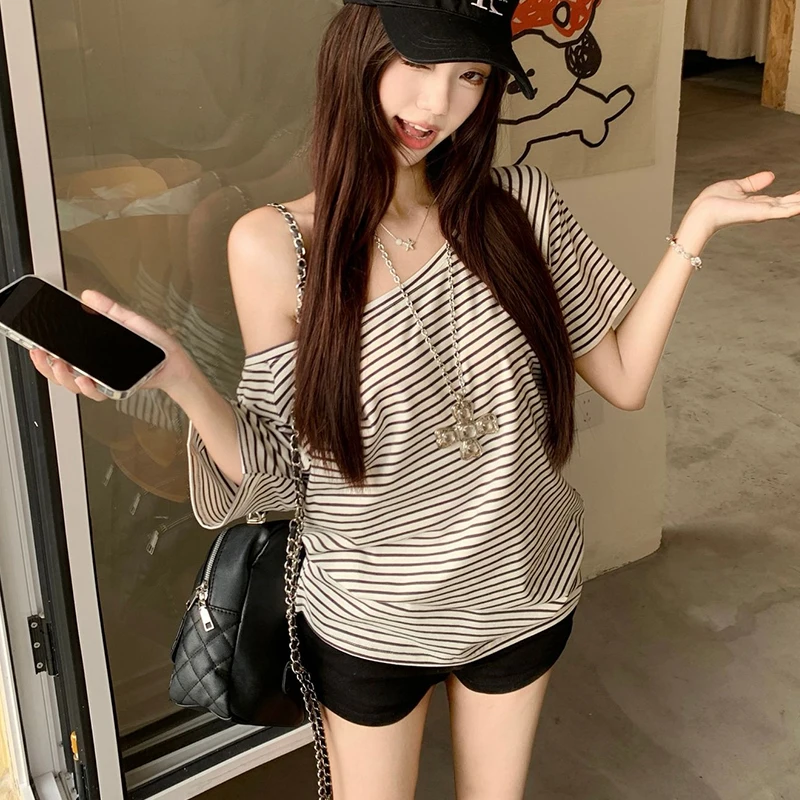 

Summer Fashion Sexy Off-shoulder Short Sleeve Striped Loose Casual T-shirt For Women