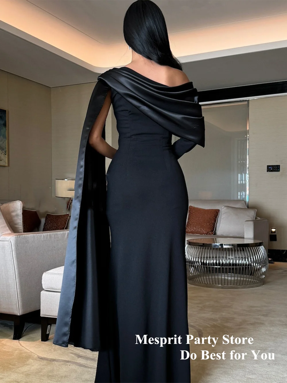 Cheap Saud Black Prom Dresses for Woman One Shoulder Long Sleeve Pleat Shawl Mermaid Evening Gown Arabian Formal Party Dresses