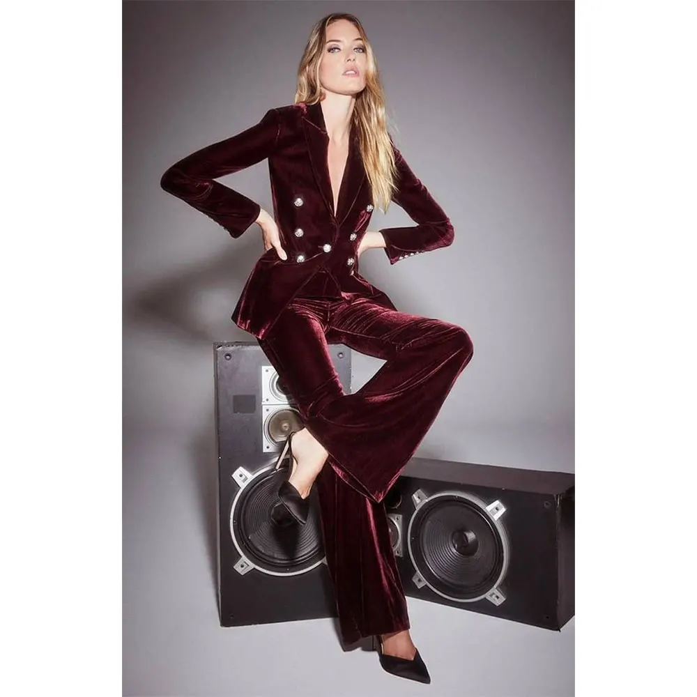 Velvet Female Suits Set Women's 2 Pieces Blazer Pants for Holiday Party Chic and Elegant Double Breasted Jacket Vintage Suit