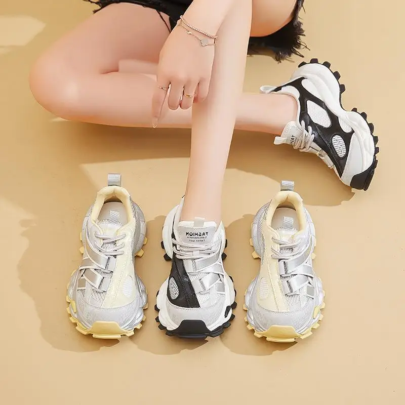 

Fashionable Thick Bottomed Genuine Leather Dad Shoes for Women Trendy Korean Style Sport Shoes Casual round Toe Flat Heel